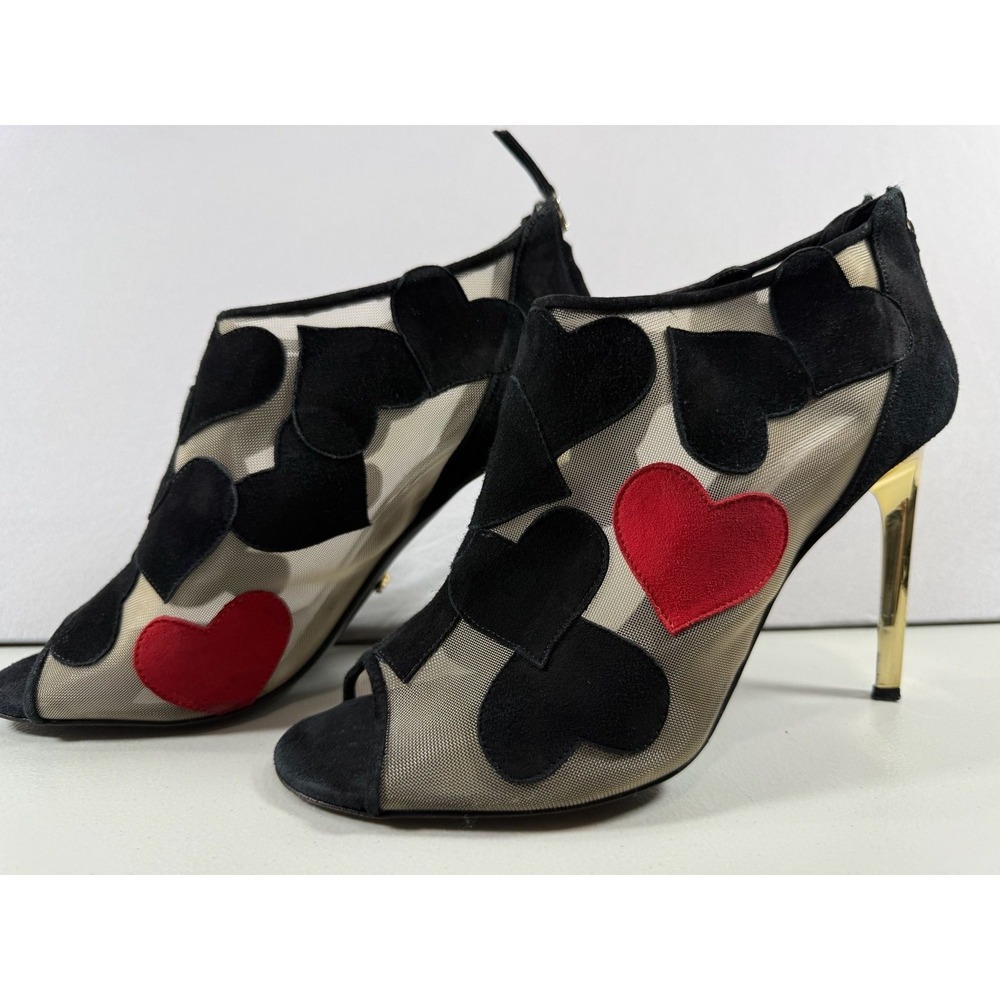 Diane von Furstenberg Black and Red Heart Suede Mesh Peep Toe Stiletto Heels Siz - Picture 2 of 11
